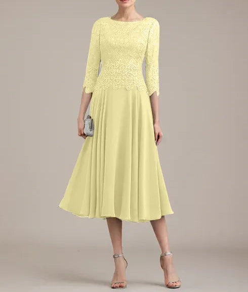 A-line Scoop Tea-Length Lace Chiffon Mother of the Bride Dress