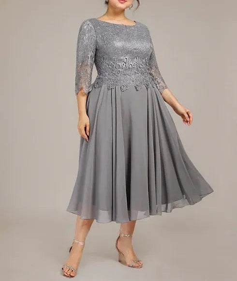 A-line Scoop Tea-Length Lace Chiffon Mother of the Bride Dress