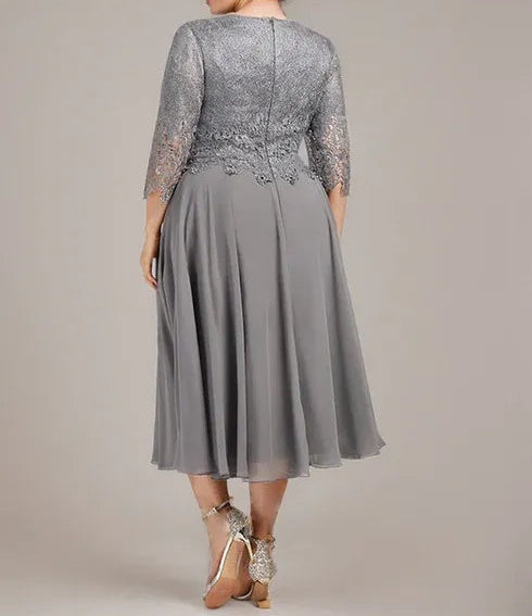 A-line Scoop Tea-Length Lace Chiffon Mother of the Bride Dress