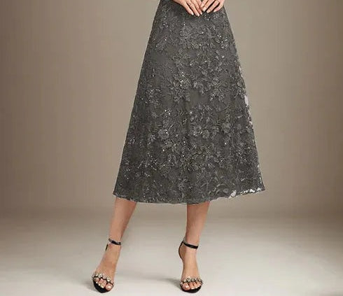A-line Scoop Illusion Tea-Length Lace Mother of the Bride Dress With Sequins