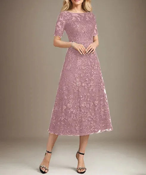 A-line Scoop Illusion Tea-Length Lace Mother of the Bride Dress With Sequins