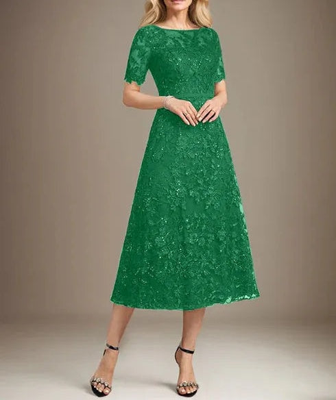 A-line Scoop Illusion Tea-Length Lace Mother of the Bride Dress With Sequins