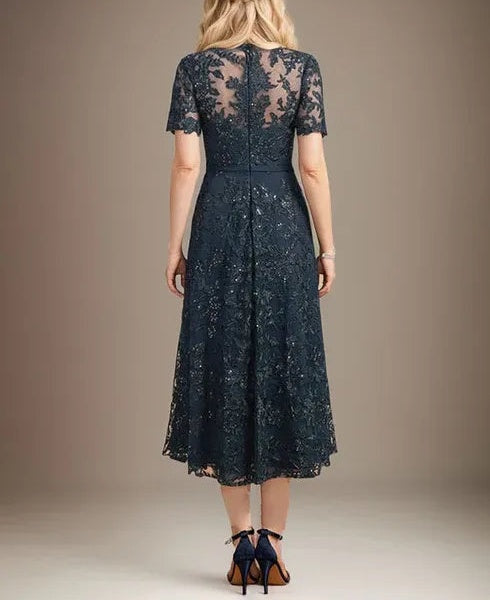 A-line Scoop Illusion Tea-Length Lace Mother of the Bride Dress With Sequins