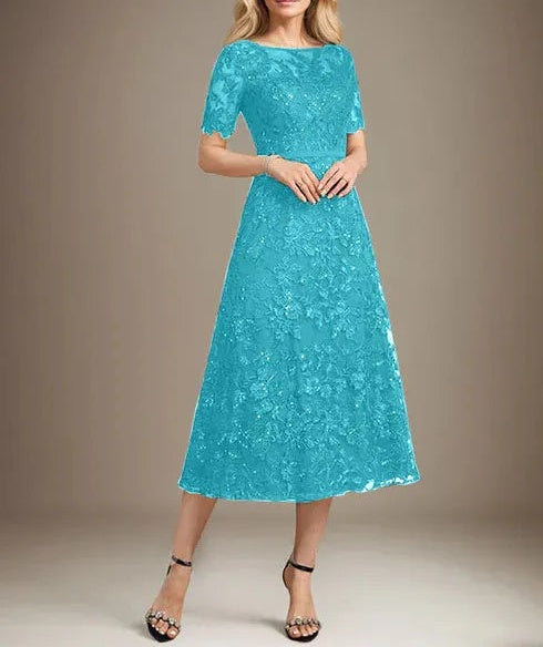 A-line Scoop Illusion Tea-Length Lace Mother of the Bride Dress With Sequins