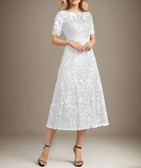 A-line Scoop Illusion Tea-Length Lace Mother of the Bride Dress With Sequins