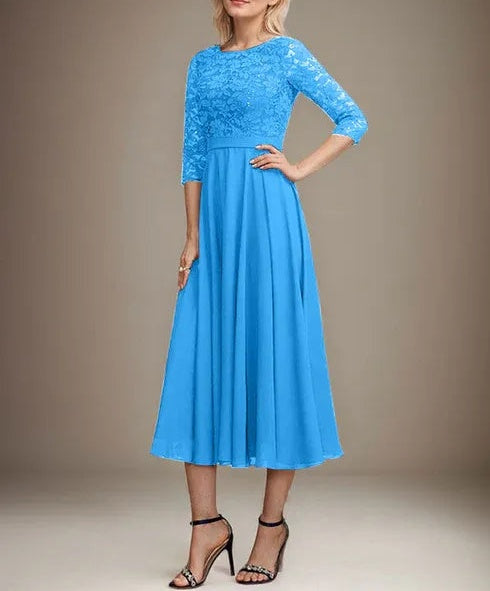 A-line Scoop Tea-Length Lace Chiffon Mother of the Bride Dress With Sequins