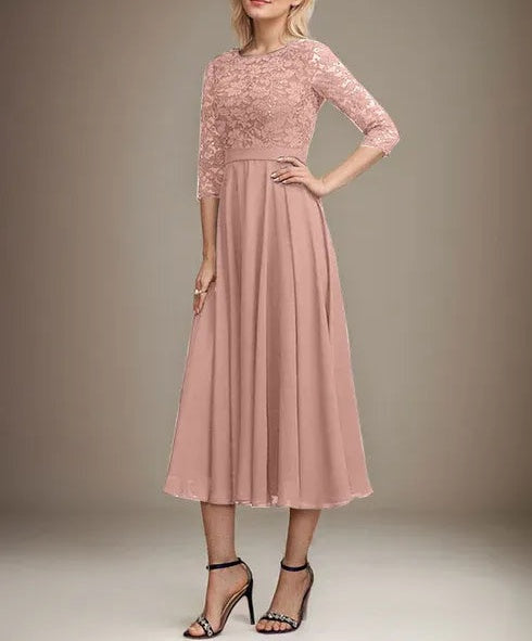 A-line Scoop Tea-Length Lace Chiffon Mother of the Bride Dress With Sequins