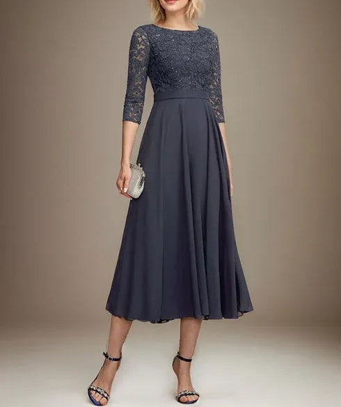A-line Scoop Tea-Length Lace Chiffon Mother of the Bride Dress With Sequins