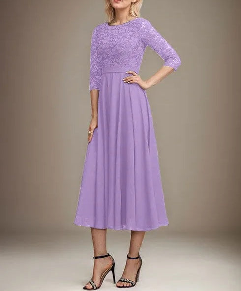 A-line Scoop Tea-Length Lace Chiffon Mother of the Bride Dress With Sequins