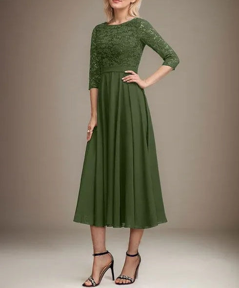 A-line Scoop Tea-Length Lace Chiffon Mother of the Bride Dress With Sequins