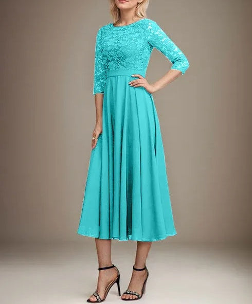 A-line Scoop Tea-Length Lace Chiffon Mother of the Bride Dress With Sequins