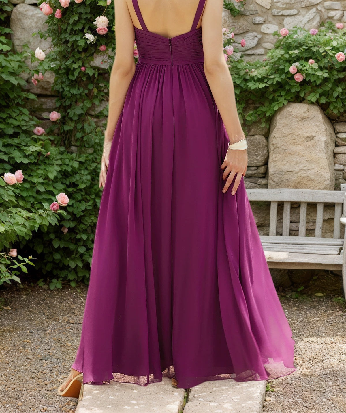 Purple Pleated Chiffon Spaghetti Straps A Line Maxi Bridesmaid Dress