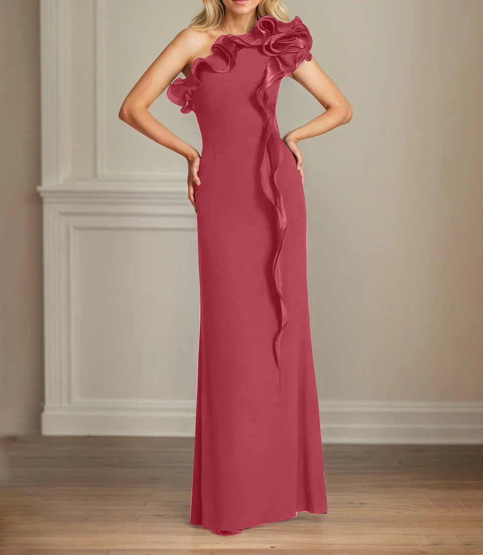 Navy Stretch Crepe Sheath/Column One Shoulder Floor Length Mother of the Bride Dresses With Ruffles