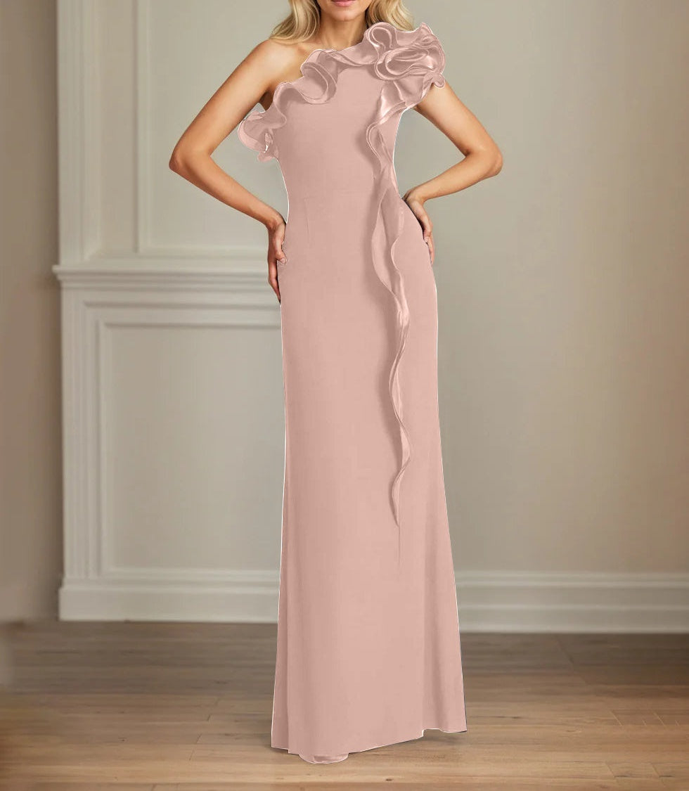 Navy Stretch Crepe Sheath/Column One Shoulder Floor Length Mother of the Bride Dresses With Ruffles