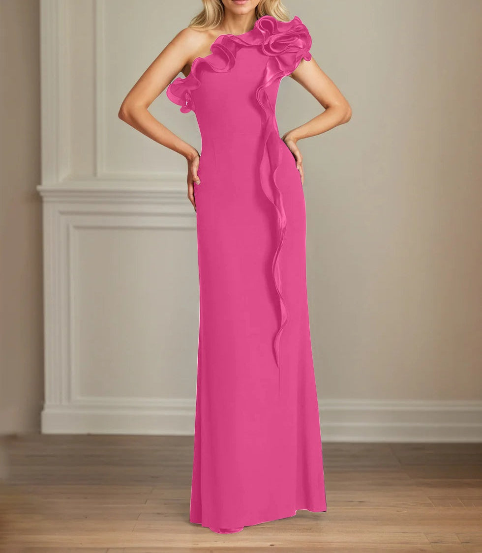Navy Stretch Crepe Sheath/Column One Shoulder Floor Length Mother of the Bride Dresses With Ruffles