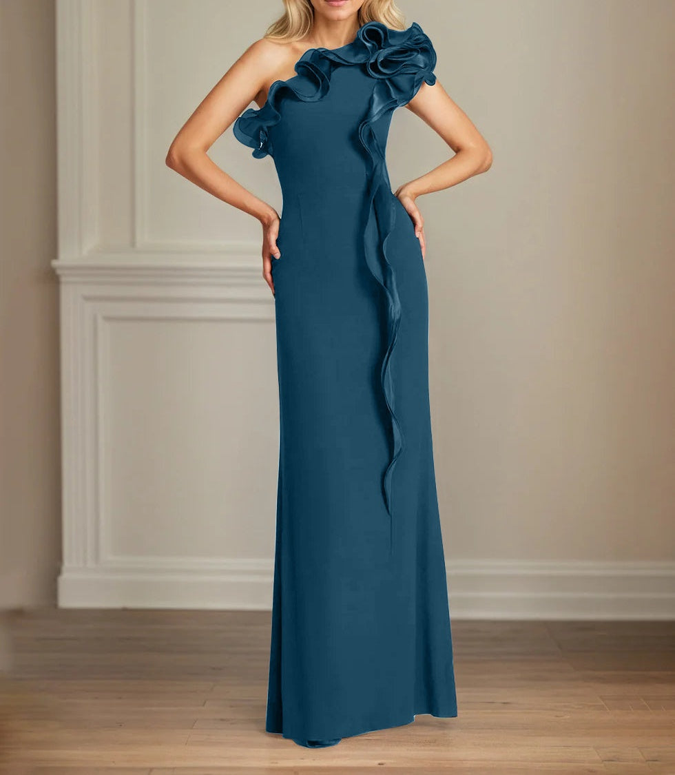 Navy Stretch Crepe Sheath/Column One Shoulder Floor Length Mother of the Bride Dresses With Ruffles