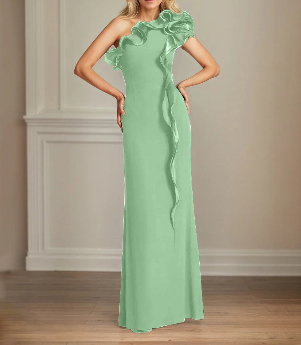 Navy Stretch Crepe Sheath/Column One Shoulder Floor Length Mother of the Bride Dresses With Ruffles