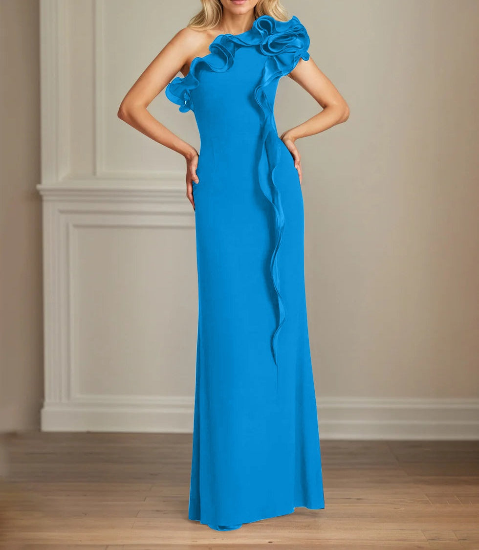 Navy Stretch Crepe Sheath/Column One Shoulder Floor Length Mother of the Bride Dresses With Ruffles
