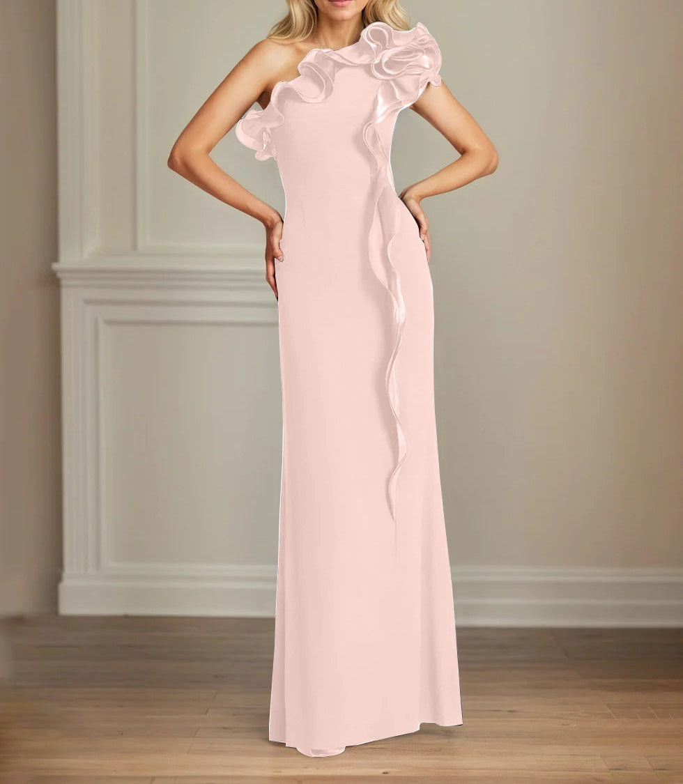 Navy Stretch Crepe Sheath/Column One Shoulder Floor Length Mother of the Bride Dresses With Ruffles