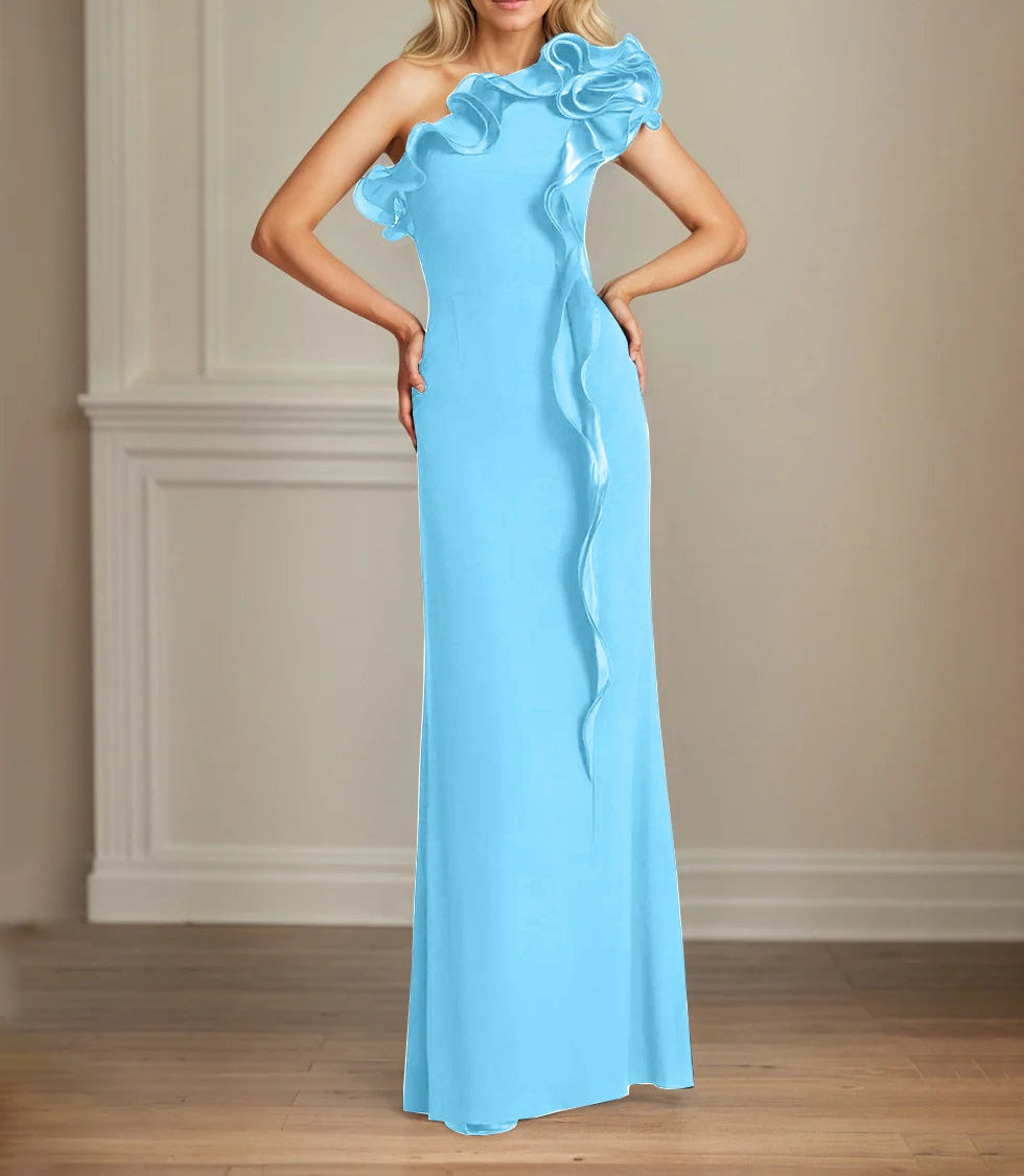 Navy Stretch Crepe Sheath/Column One Shoulder Floor Length Mother of the Bride Dresses With Ruffles