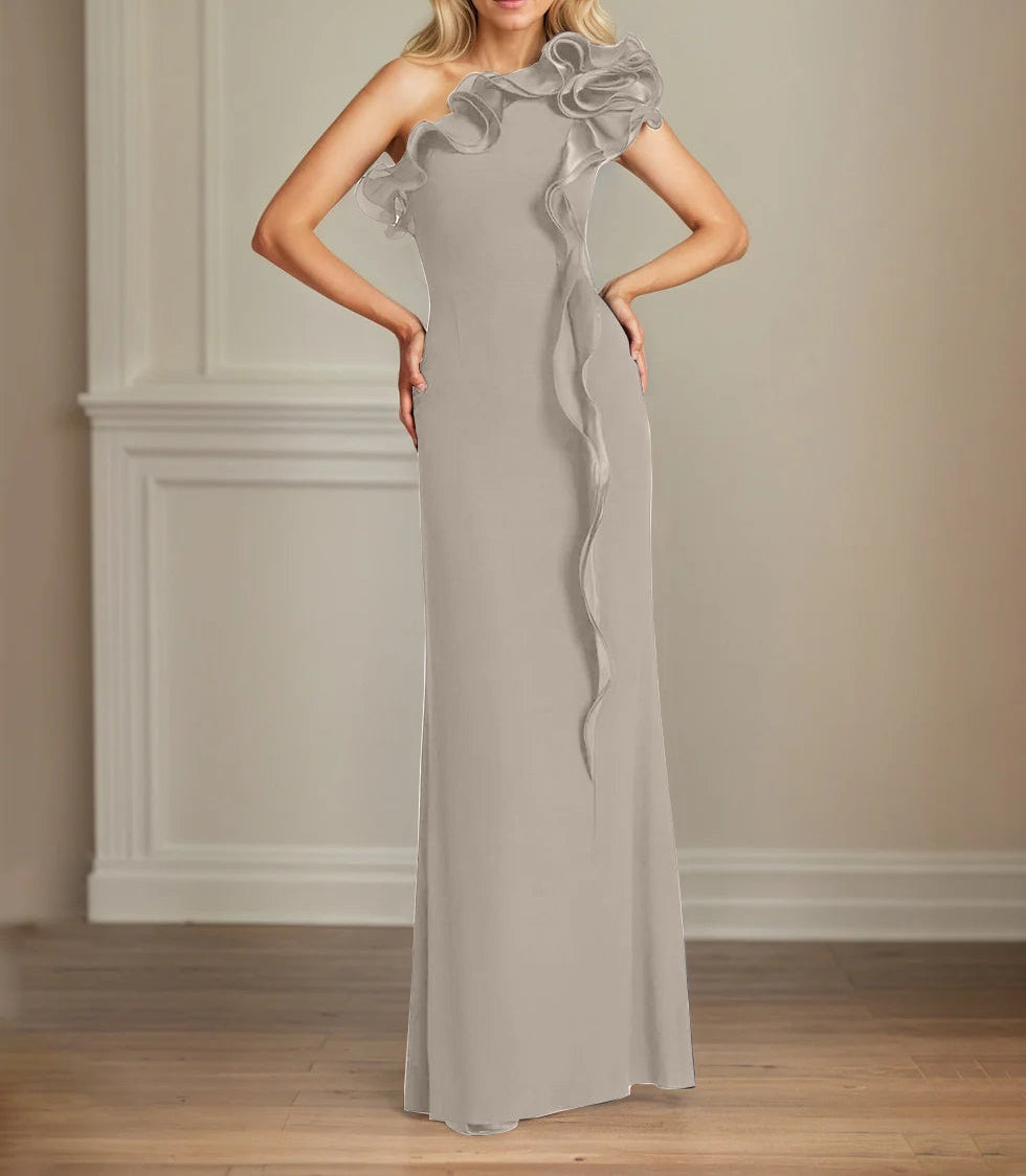 Navy Stretch Crepe Sheath/Column One Shoulder Floor Length Mother of the Bride Dresses With Ruffles