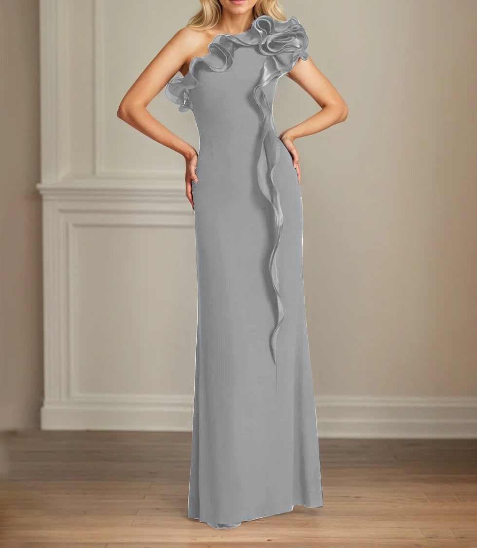 Navy Stretch Crepe Sheath/Column One Shoulder Floor Length Mother of the Bride Dresses With Ruffles