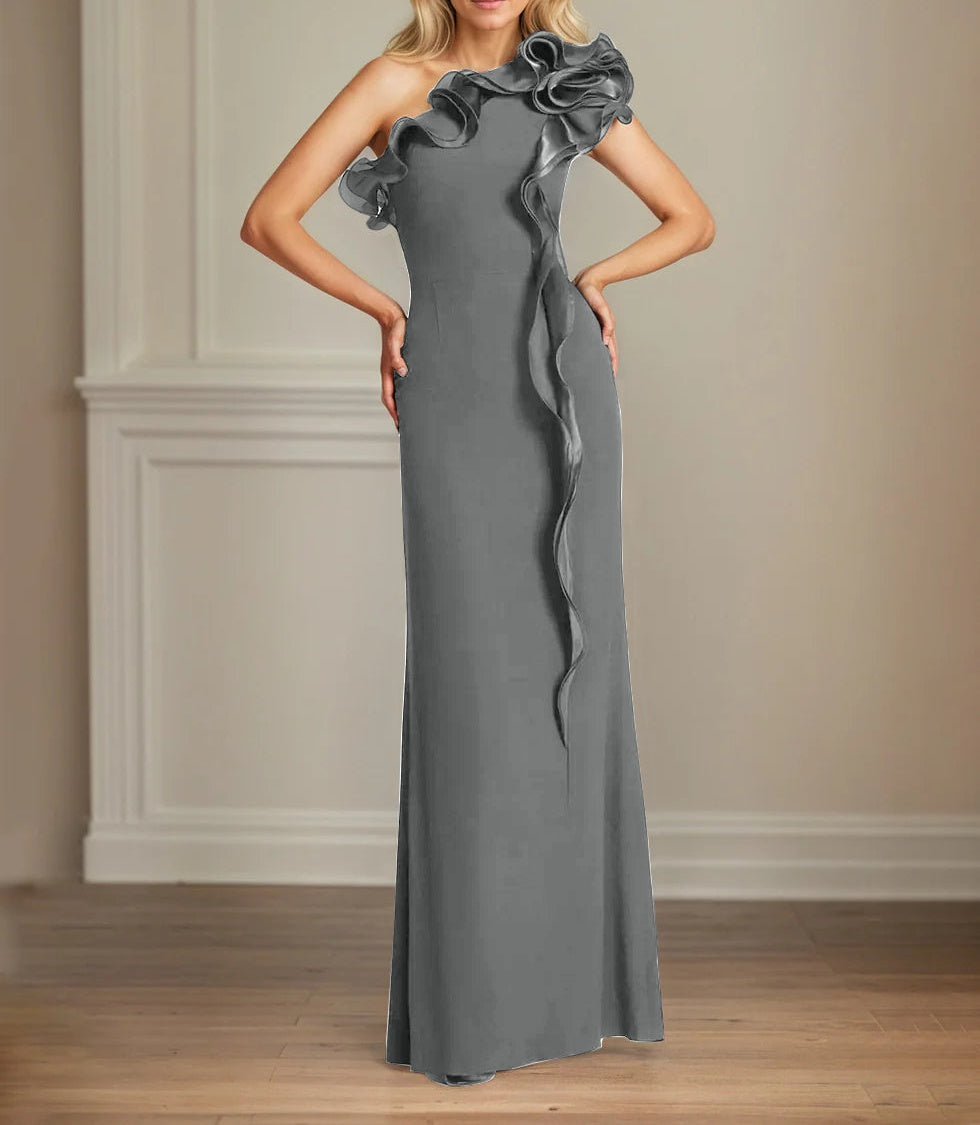 Navy Stretch Crepe Sheath/Column One Shoulder Floor Length Mother of the Bride Dresses With Ruffles
