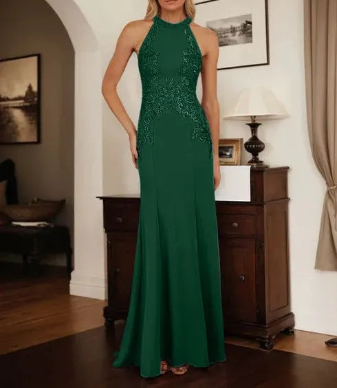 Dusty Blue Sheath Halter Long Mother of Bride Dress With Appliques