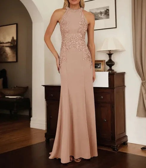 Dusty Blue Sheath Halter Long Mother of Bride Dress With Appliques