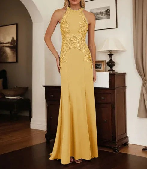Dusty Blue Sheath Halter Long Mother of Bride Dress With Appliques