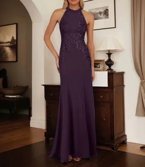 Dusty Blue Sheath Halter Long Mother of Bride Dress With Appliques