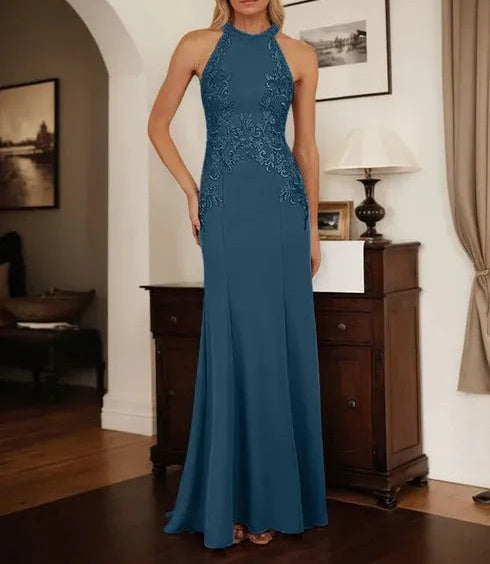 Dusty Blue Sheath Halter Long Mother of Bride Dress With Appliques