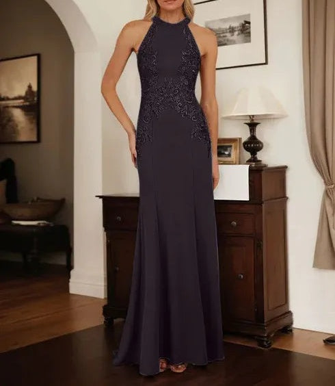 Dusty Blue Sheath Halter Long Mother of Bride Dress With Appliques