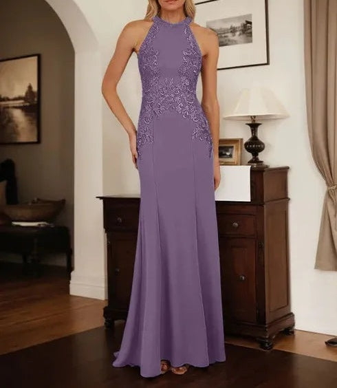 Dusty Blue Sheath Halter Long Mother of Bride Dress With Appliques