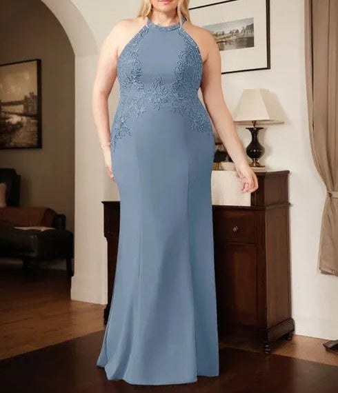 Dusty Blue Sheath Halter Long Mother of Bride Dress With Appliques
