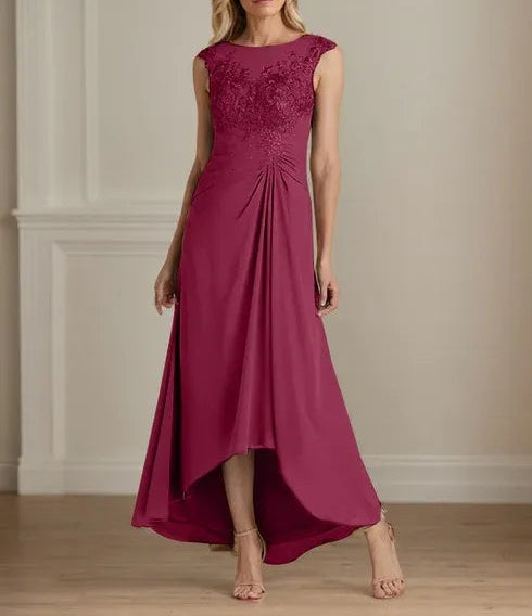 Champagne A-Line Scoop Lace Chiffon Dress