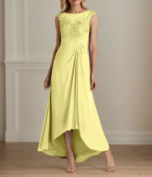 Champagne A-Line Scoop Lace Chiffon Dress