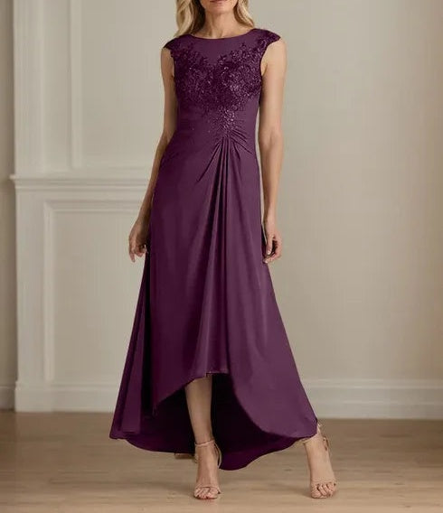 Champagne A-Line Scoop Lace Chiffon Dress