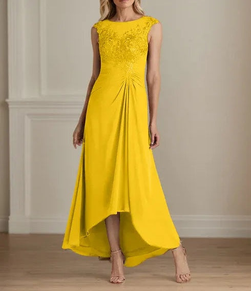 Champagne A-Line Scoop Lace Chiffon Dress