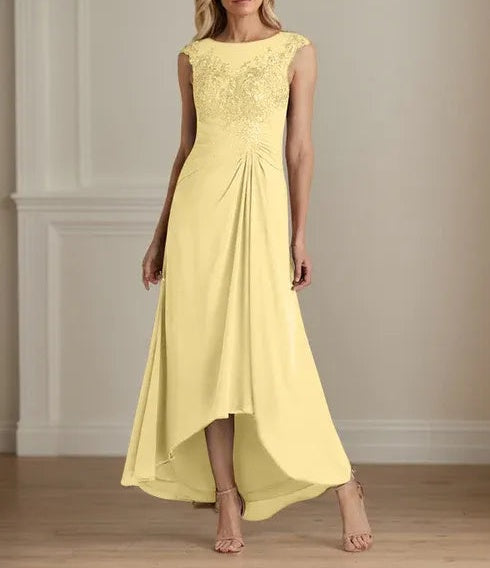Champagne A-Line Scoop Lace Chiffon Dress