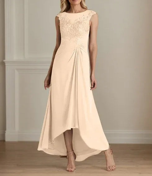 Champagne A-Line Scoop Lace Chiffon Dress