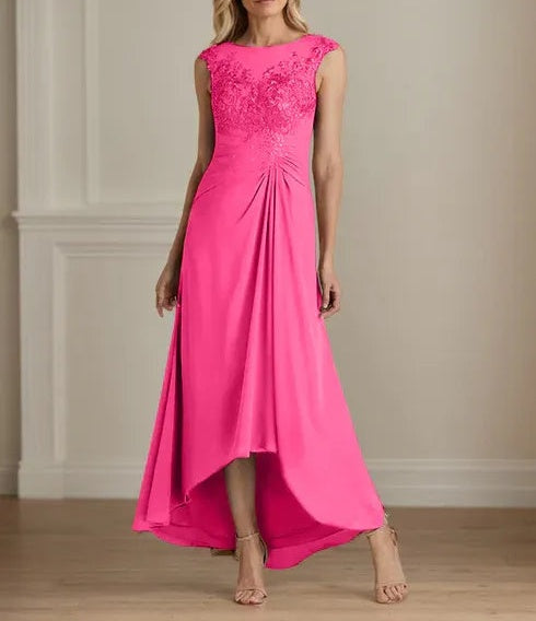 Champagne A-Line Scoop Lace Chiffon Dress