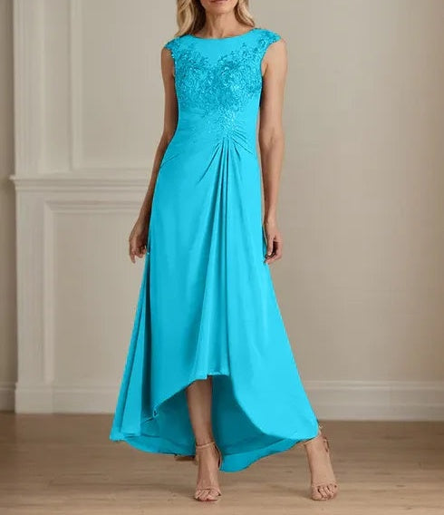 Champagne A-Line Scoop Lace Chiffon Dress