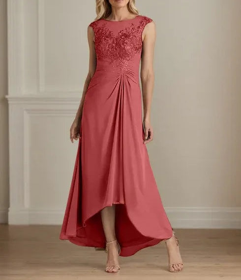 Champagne A-Line Scoop Lace Chiffon Dress
