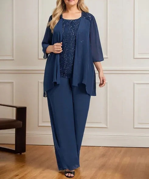 Separates Jumpsuit/Pantsuit Scoop Floor-Length Lace Chiffon Mother of the Bride Dress With Sequins