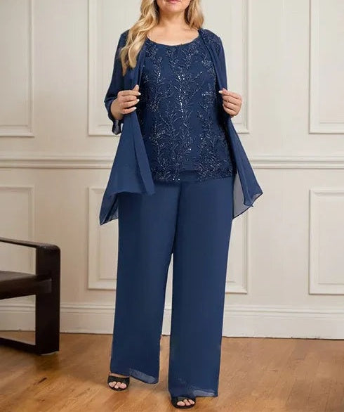 Separates Jumpsuit/Pantsuit Scoop Floor-Length Lace Chiffon Mother of the Bride Dress With Sequins