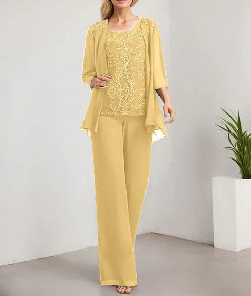 Separates Jumpsuit/Pantsuit Scoop Floor-Length Lace Chiffon Mother of the Bride Dress With Sequins
