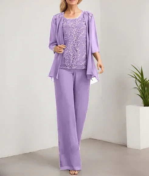 Separates Jumpsuit/Pantsuit Scoop Floor-Length Lace Chiffon Mother of the Bride Dress With Sequins