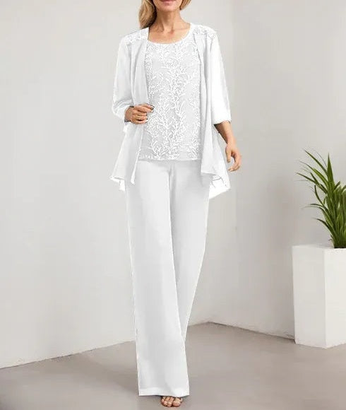 Separates Jumpsuit/Pantsuit Scoop Floor-Length Lace Chiffon Mother of the Bride Dress With Sequins