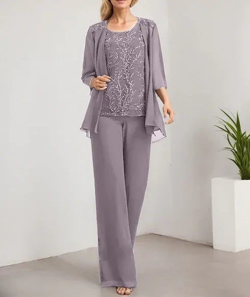 Separates Jumpsuit/Pantsuit Scoop Floor-Length Lace Chiffon Mother of the Bride Dress With Sequins